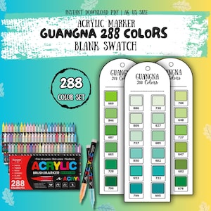 Può includere: Un download digitale in PDF per una tabella di campioni vuota per 288 pennarelli acrilici Guangna. L'immagine mostra un set di pennarelli, una scatola rossa del prodotto e tre schede bianche verticali con campioni di colore verde ed etichette numerate.