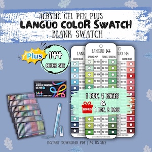 May include: A digital download set for Languo 144 acrylic gel pens, featuring a color swatch chart with blank circles for testing shades. Includes a 144 color set graphic, a pen illustration, and text indicating 1 PDF with 4 pages and 1 PDF with 2 pages.