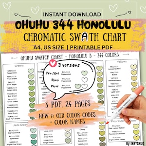 May include: A printable PDF chromatic swatch chart with 344 colors, labeled "OHUHU 344 HONOLULU." The chart includes color names and codes, organized by color families like Greens and Yellows. The text "3 PDF, 24 pages" is also visible.