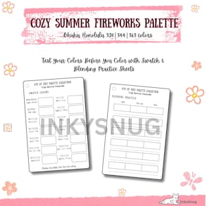 May include: Two white rectangular swatch and blending practice sheets with black text and borders. The top text reads COZY SUMMER FIREWORKS PALETTE and Ohuhu Honolulu 320 | 344 | 363 colors. The sheets feature grids for testing colors and blending.