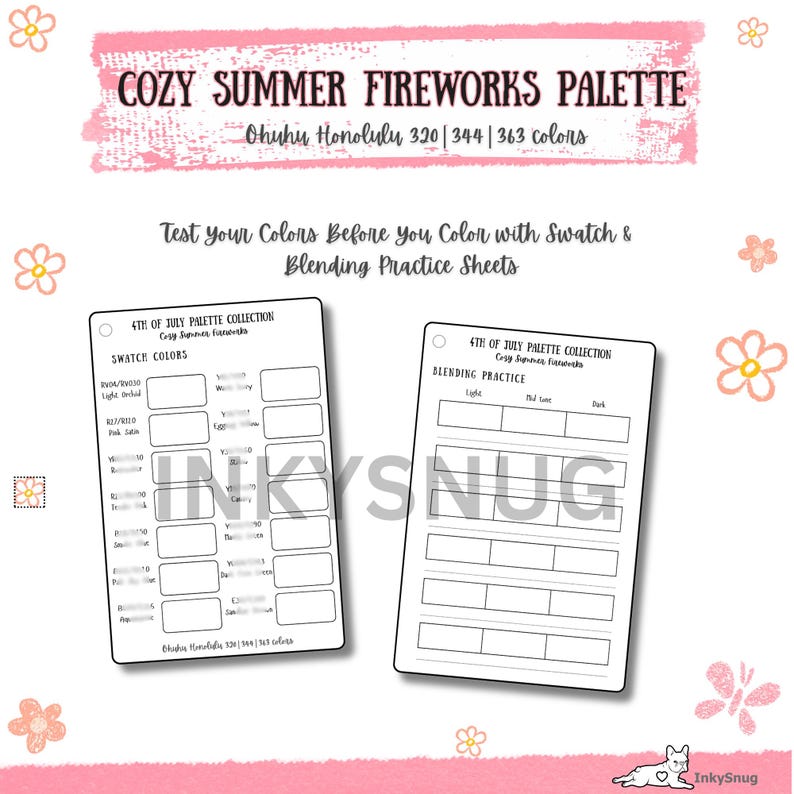 May include: Two white rectangular swatch and blending practice sheets with black text and borders. The top text reads COZY SUMMER FIREWORKS PALETTE and Ohuhu Honolulu 320 | 344 | 363 colors. The sheets feature grids for testing colors and blending.