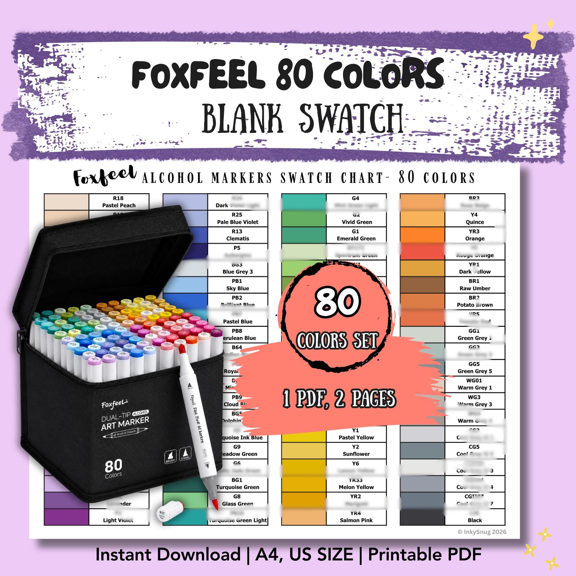 Foxfeel 80 Colors Swatch Chart | Printable Alcohol Markers Tracker