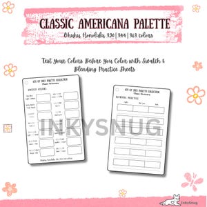 May include: A Classic Americana Palette swatch and blending practice sheet set for Ohuhu Honolulu markers. The white sheets feature black text, including 4th of July Palette Collection, Swatch Colors, and Blending Practice, with empty boxes for testing colors.