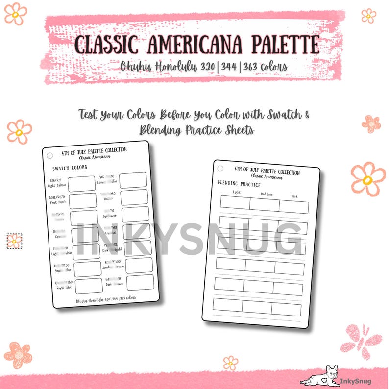May include: A Classic Americana Palette swatch and blending practice sheet set for Ohuhu Honolulu markers. The white sheets feature black text, including 4th of July Palette Collection, Swatch Colors, and Blending Practice, with empty boxes for testing colors.