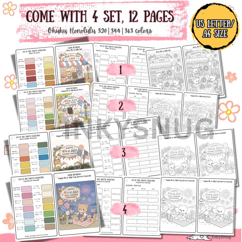 May include: A set of 12 coloring pages in US Letter or A4 size, featuring four distinct themes with color reference charts for Ohuhu Honolulu 320, 344, and 363 markers. Each theme includes a colored illustration, a color swatch guide, and line art.