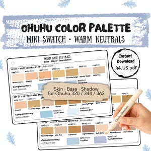 Könnte beinhalten: Eine Mini-Farbfeld-Palette mit dem Titel "Ohuhu Color Palette Mini Swatch Warm Neutrals" mit verschiedenen warmen neutralen Farbtönen. Das Bild enthält Farbfelder, Text und eine Hand, die einen Marker hält. Der Text enthält "Skin Base Shadow for Ohuhu 320/344/363".