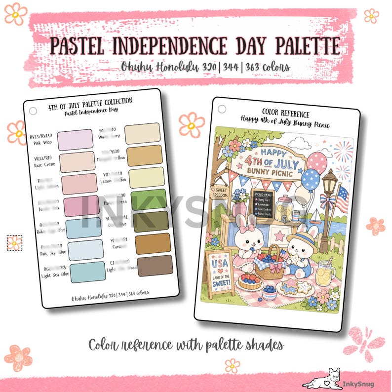 May include: A Pastel Independence Day palette reference sheet featuring Ohuhu Honolulu markers. The left card lists color codes and names, while the right card displays a Happy 4th of July Bunny Picnic illustration with pastel-colored picnic scenes.