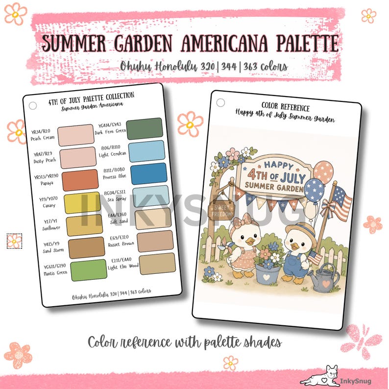 May include: A color reference guide titled Summer Garden Americana Palette featuring Ohuhu Honolulu markers. It includes a swatch card with color codes like Peach Cream and Dark Fern Green, and an illustration of two ducks celebrating 4th of July.