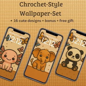Puede incluir: Tres smartphones que muestran diseños de fondos de pantalla de estilo crochet. Cada pantalla presenta un animal lindo diferente: un ajolote, un elefante y un panda, con mariposas y la fecha y hora.