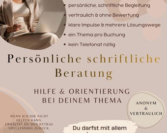 Puede incluir: Gráfico beige y dorado con texto que promociona servicios de consulta personal escrita. El texto incluye frases como "orientación personal escrita", "confidencial" e "impulsos claros". Una persona usa una computadora portátil en el fondo.