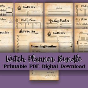 Könnte beinhalten: Eine Sammlung druckbarer Planerseiten zum Thema Hexen mit einer Vintage-Optik aus Pergamentpapier. Enthält Tracker für Tränke, Ziele, Wochenpläne und Routinen. Der Titel "Witch Planner Bundle" ist prominent dargestellt.