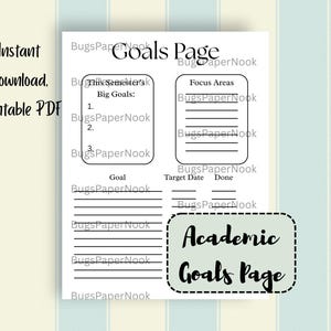 School Goals Planner | Semester Goals, Focus Areas & 12 Mini Goals | Goal Tracker PDF | Student Printable | Digital Download