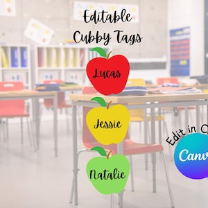 Op de afbeelding: Afbeelding van drie appelvormige cubby-tags in rood, geel en groen, elk met de naam van een kind: Lucas, Jessie en Natalie. De tekst "Editable Cubby Tags" staat bovenaan. Het Canva-logo staat rechtsonder.