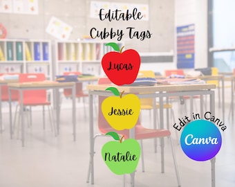May include: Image of three apple-shaped cubby tags in red, yellow, and green, each with a child's name: Lucas, Jessie, and Natalie. The text "Editable Cubby Tags" is at the top. The Canva logo is in the bottom right corner.