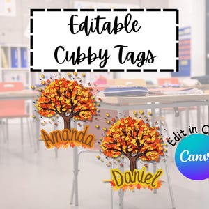 Può includere: Tag cubby modificabili con disegni di alberi autunnali. I tag presentano i nomi "Amanda" e "Daniel" in un carattere giocoso. Il design include foglie che cadono e il testo "Edit in Canva".