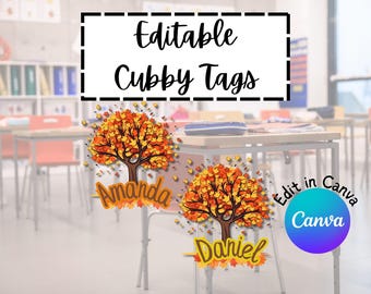 May include: Editable cubby tags with autumn tree designs. The tags feature the names "Amanda" and "Daniel" in a playful font. The design includes falling leaves and the text "Edit in Canva".