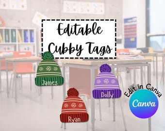 Étiquettes pour casquette d'hiver | Etiquettes de nom de classe modifiables | Étiquettes d'hiver douillettes | Modèle de toile | Décoration de classe sur le thème de la neige