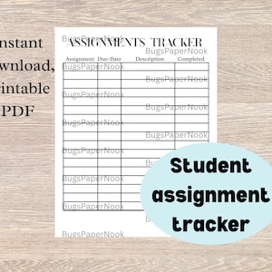 May include: A printable PDF student assignment tracker with a grid layout for tracking assignments. The text "Instant download, printable PDF" is displayed on the left side. A light blue oval graphic displays the words "Student assignment tracker".