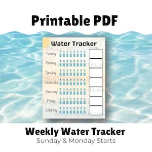 Op de afbeelding: Een afdrukbare PDF-watertracker met een blauwe waterachtergrond. De tracker is wit met een wekelijkse indeling, met dagen van de week en waterflespictogrammen. Tekst bevat "Water Tracker", "Weekly Water Tracker" en "Sunday & Monday Starts."