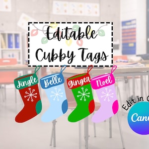 Puede incluir: Etiquetas de casilleros con forma de calcetines navideños coloridos con las palabras "Jingle", "Belle", "Ginger" y "Noel". Las etiquetas son rojas, azules, verdes y rosas con diseños de copos de nieve. Se muestra el texto "Editable Cubby Tags".