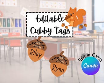Editable Acorn Cubby Tags | Fall Classroom Labels | Woodland Name Tags for Teachers & Homeschool | Canva Template