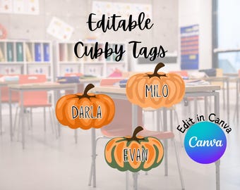 Etiquetas editables de calabazas para cubículos / Etiquetas para el aula para maestros y educación en casa / Etiquetas de nombre imprimibles / Plantilla de Canva