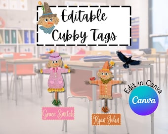 May include: Image features "Editable Cubby Tags" with scarecrow designs. The tags are customizable with names, and the design includes a crow and the Canva logo. The tags are set in a classroom setting.