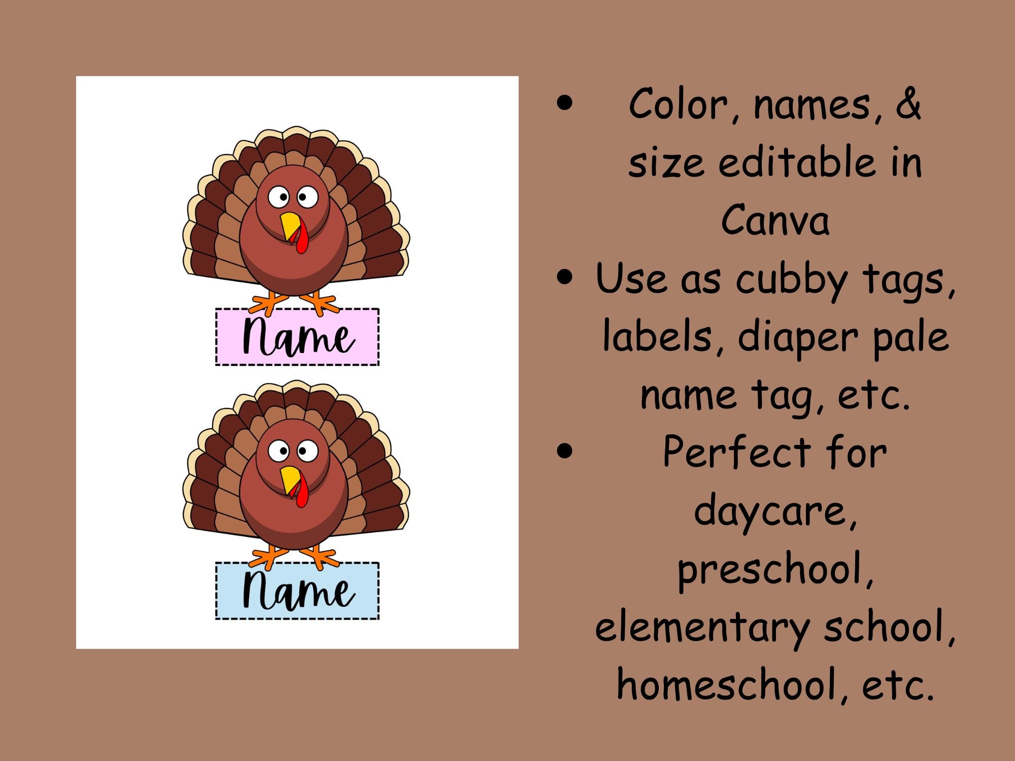 Turkey Tag Email Editable Turkey Cubby Tags | Thanksgiving Classroom Labels | Fall Name ...