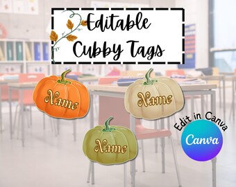 Etiquetas editables para calabazas de Acción de Gracias / Etiquetas para el aula de otoño / Etiquetas con nombre imprimibles para maestros y educación en casa / Plantilla de Canva