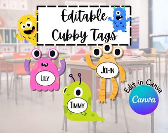 Editable Monster Cubby Tags | Classroom Labels for Teachers & Homeschool | Printable Name Tags | Canva Template
