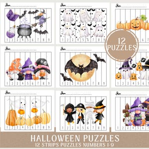 Puede incluir: Nueve rompecabezas con temática de Halloween con ilustraciones de acuarela de fantasmas, calabazas, murciélagos y brujas. Cada rompecabezas está dividido en nueve tiras, numeradas del 1 al 9. El texto "HALLOWEEN PUZZLES" y "12 STRIPS PUZZLES NUMBERS 1-9" está en la parte inferior.