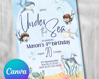 May include: A light blue invitation with an "Under the Sea" theme, featuring cartoon sharks, divers, and sea creatures. The invitation is for Mason's 4th birthday, with the date and time displayed. The Canva logo is in the bottom left corner.