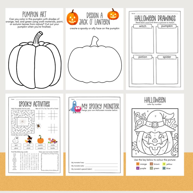 May include: A collection of Halloween-themed activity sheets. The sheets include coloring pages, drawing prompts, mazes, and a word search. The pages feature pumpkins, witches, spiders, and monsters. The text includes instructions and prompts for creative activities.
