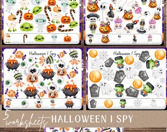 May include: A set of five Halloween-themed "I Spy" worksheets. Each worksheet features colorful illustrations of Halloween characters and objects, including pumpkins, ghosts, and skeletons. The text "Halloween I Spy" is displayed at the top of each worksheet.