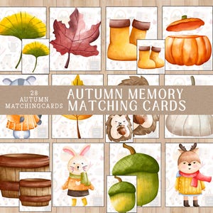 Pode incluir: Um conjunto de 28 cartões de jogo de memória de outono com ilustrações em aquarela com temas de outono. Os cartões apresentam folhas, abóboras, bolotas e animais da floresta. O texto "Autumn Memory Matching Cards" é exibido.