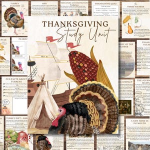 Puede incluir: Póster educativo "Thanksgiving Study Unit" con ilustraciones de un pavo, maíz y un barco. El póster incluye texto sobre la anatomía del pavo, datos curiosos y el viaje del Mayflower.