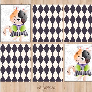 May include: A collage featuring a Halloween-themed cat illustration and diamond patterns. The cat is orange, black, and white, dressed in a green and black striped outfit. The diamond patterns alternate between cream and dark purple.