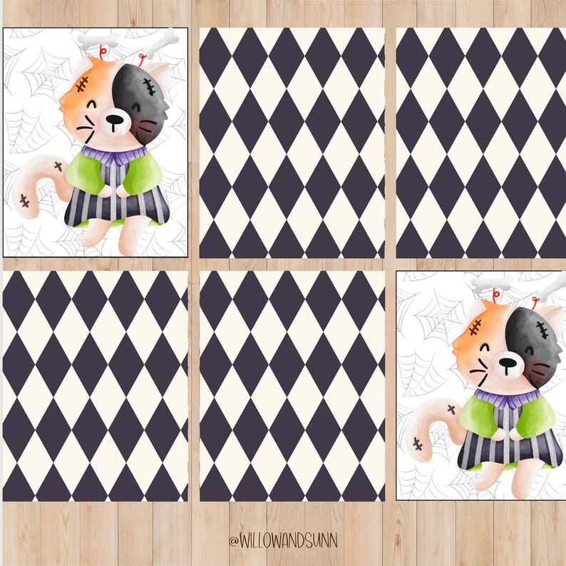 May include: A collage featuring a Halloween-themed cat illustration and diamond patterns. The cat is orange, black, and white, dressed in a green and black striped outfit. The diamond patterns alternate between cream and dark purple.
