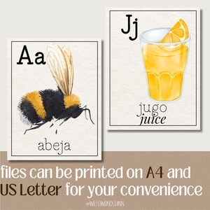 May include: Two watercolor art prints. One features a bumblebee with the letter "A" and the word "abeja". The other shows a glass of juice with the letter "J" and the words "jugo juice". The text "files can be printed on A4 and US Letter for your convenience" is also visible.