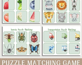 May include: A set of four matching puzzle games with watercolor illustrations. Themes include fruits and vegetables, animals, insects, and transportation. The text reads "Puzzle Matching Game" and "4 Matching Themes".