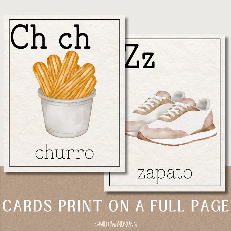 May include: Two educational flashcards with watercolor illustrations. One card shows a cup of churros with the text "Ch ch churro". The other card displays a pair of sneakers with the text "Zz zapato". The bottom of the image reads "CARDS PRINT ON A FULL PAGE".