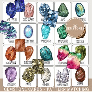28 Gemstone Crystal Flashcards Printable - Mineral and Crystal Identification Cards - Pattern Matching Activity - Nature Cards - Geology
