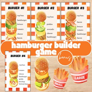 Pode incluir: Ilustração colorida de um "Jogo de Montar Hambúrgueres" com quatro variações de hambúrgueres, cada um com ingredientes como alface, tomate e bacon. Inclui batatas fritas pequenas e grandes. O texto "Hamburger Builder Game" é exibido.