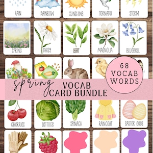 Könnte beinhalten: Ein Satz von Vokabelkarten zum Thema Frühling. Jede Karte zeigt eine Aquarellillustration und ein passendes Wort, wie "Gänseblümchen", "Kirschen" und "Regenbogen". Das Set enthält 68 Vokabeln, ideal für Bildungszwecke.