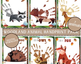 May include: A set of six woodland animal handprint art prints. Each print features a different animal: raccoon, bear, deer, hog, owl, and fox. The prints include handprints and illustrations of the animals, with text that reads "I see a..." and the animal's name. The words "Woodland Animal Handprint Pack" are also visible.
