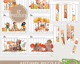 May include: Watercolour autumn-themed puzzles featuring illustrations of animals, children, and houses. The set includes 17 puzzles with strips numbered 1-10. A pair of green scissors is in the foreground.