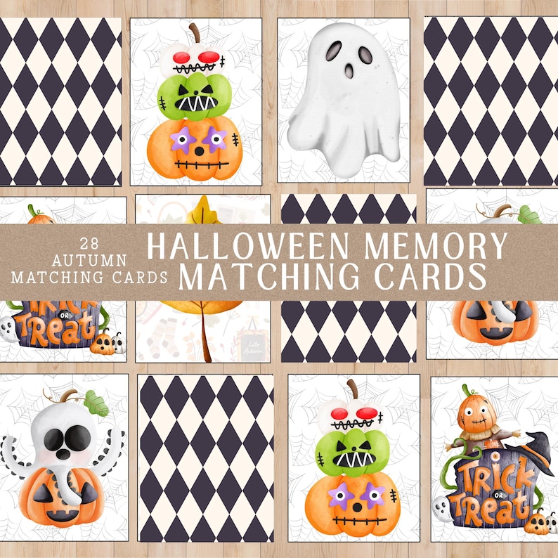 May include: Halloween memory matching cards featuring autumn-themed illustrations. The cards showcase images of ghosts, pumpkins, and other spooky elements. The set includes 28 cards with a variety of designs, perfect for a fun Halloween activity.
