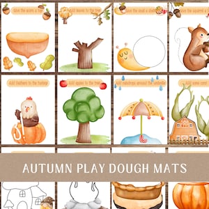 May include: Watercolor illustrations of autumn-themed play dough mats. The mats feature images of an acorn, tree, snail, squirrel, turkey, apple tree, umbrella, and corn. The text "AUTUMN PLAY DOUGH MATS" is displayed at the bottom.