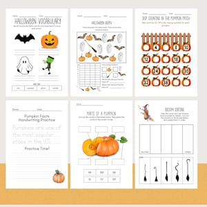 May include: A collection of six Halloween-themed educational worksheets. The worksheets feature vocabulary, graphing, skip counting, pumpkin facts, parts of a pumpkin, and broom sorting activities. Each page has a title and space for a name and date. The pages are decorated with Halloween-related illustrations.