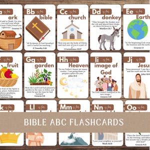 Può includere: Flashcard dell'ABC biblico con illustrazioni colorate e lettere corrispondenti. Ogni carta mostra una lettera, una parola e un'immagine correlata, come una chiesa, un asino e un giardino. Le carte includono anche versetti biblici.